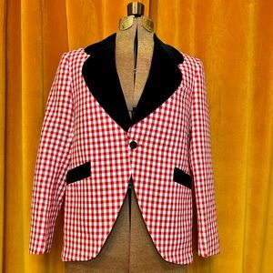 Vintage 70s Disco Jacket Red and White Checkered Plaid Large Black Velvet Collar